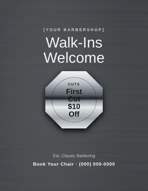 Barber Flyer template — Seal Offer · Gunmetal & Chrome