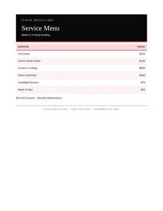 Auto Detailing document template — Auto Detailing Service Menu