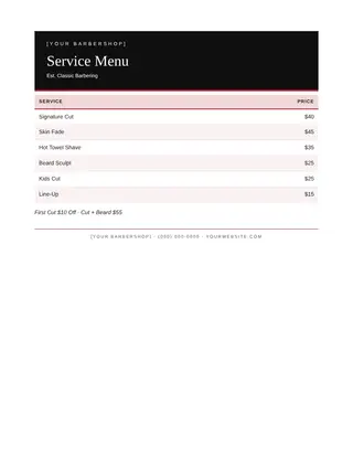Barber document template — Barber Service Menu