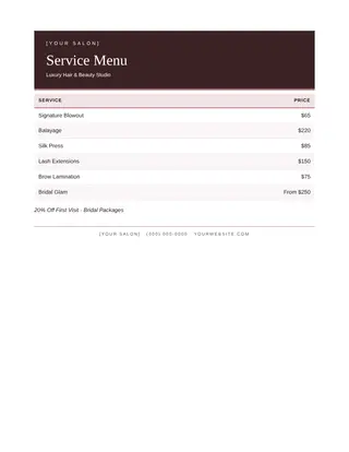 Beauty & Salon document template — Beauty & Salon Service Menu
