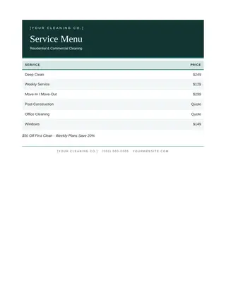 Cleaning document template — Cleaning Service Menu