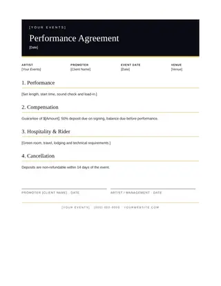 Entertainment & Events document template — Entertainment & Events Performance Agreement