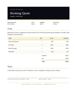 Entertainment & Events document template — Entertainment & Events Booking Quote