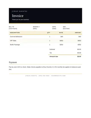 Entertainment & Events document template — Entertainment & Events Invoice