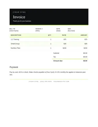 Fitness document template — Fitness Invoice