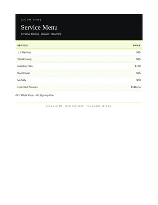 Fitness document template — Fitness Service Menu