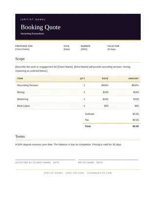 Music document template — Music Booking Quote