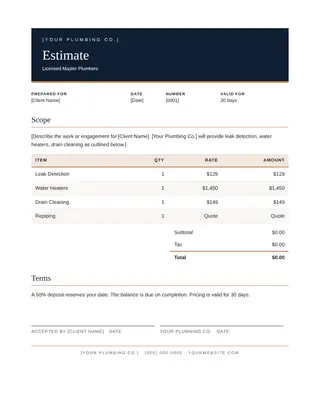 Plumbing document template — Plumbing Estimate
