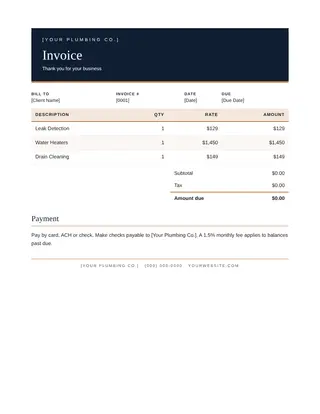 Plumbing document template — Plumbing Invoice