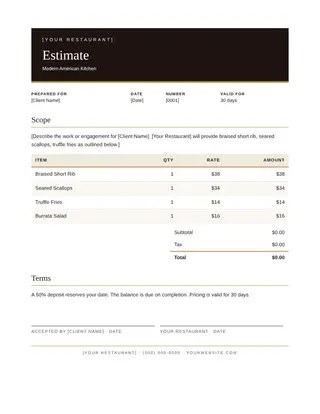 Restaurant document template — Restaurant Estimate